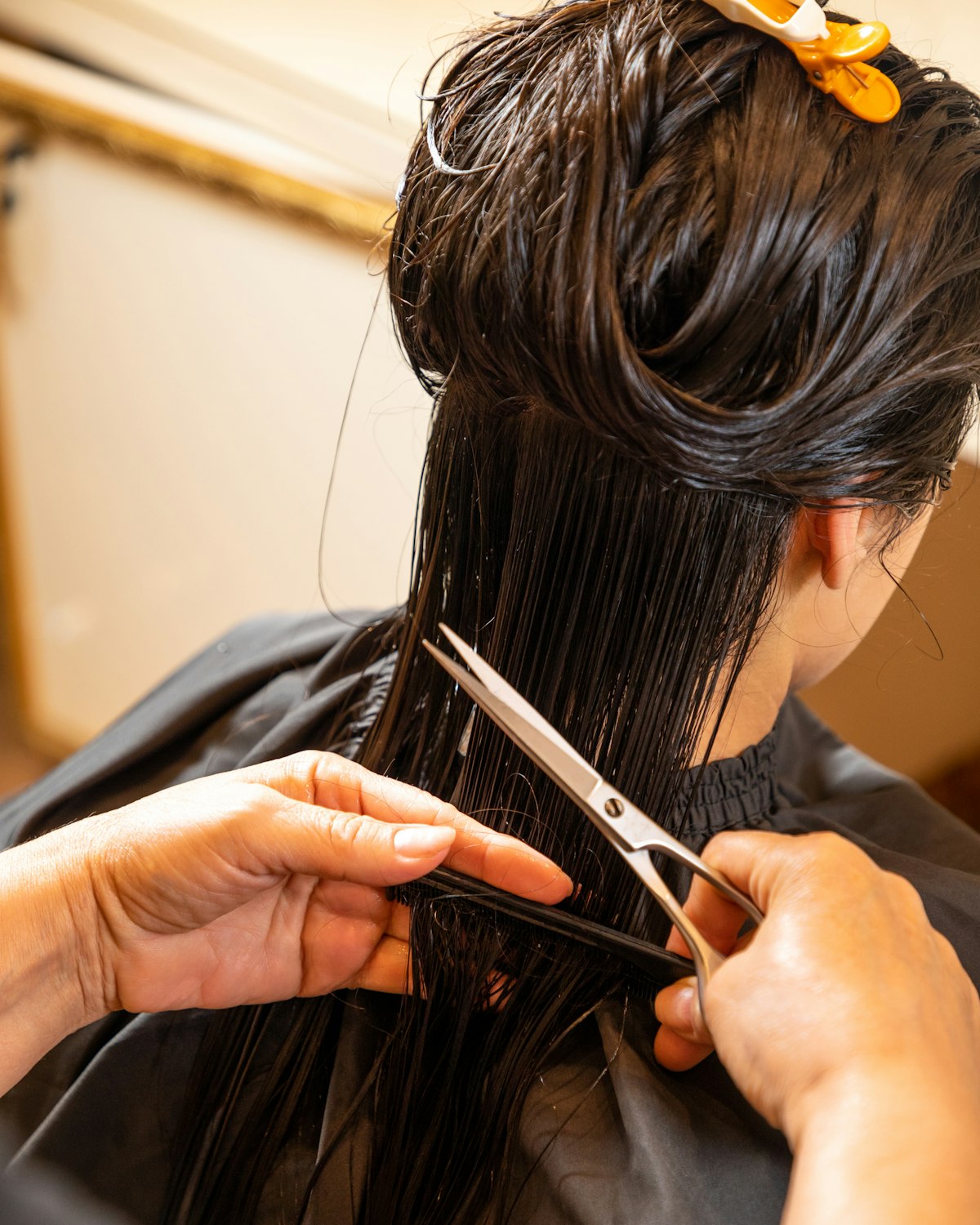 Una estilista corta con tijera el pelo mojado de una clienta en el salón